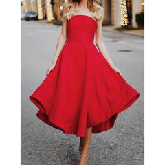 Strapless red a line midi dress off shoulder pleated dress
