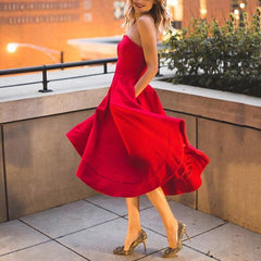 Strapless red a line midi dress off shoulder pleated dress