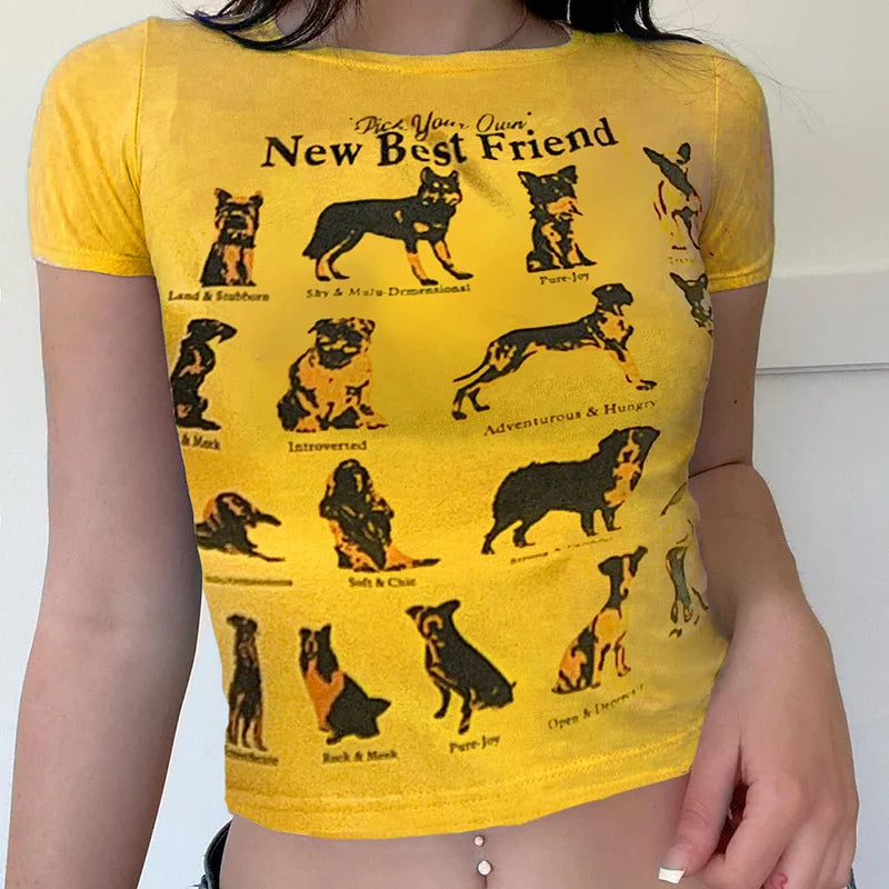 Street Style Dog Print American Slim Casual Short Korean Reviews WomenT-shirt