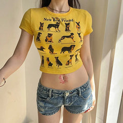 Street Style Dog Print American Slim Casual Short Korean Reviews WomenT-shirt