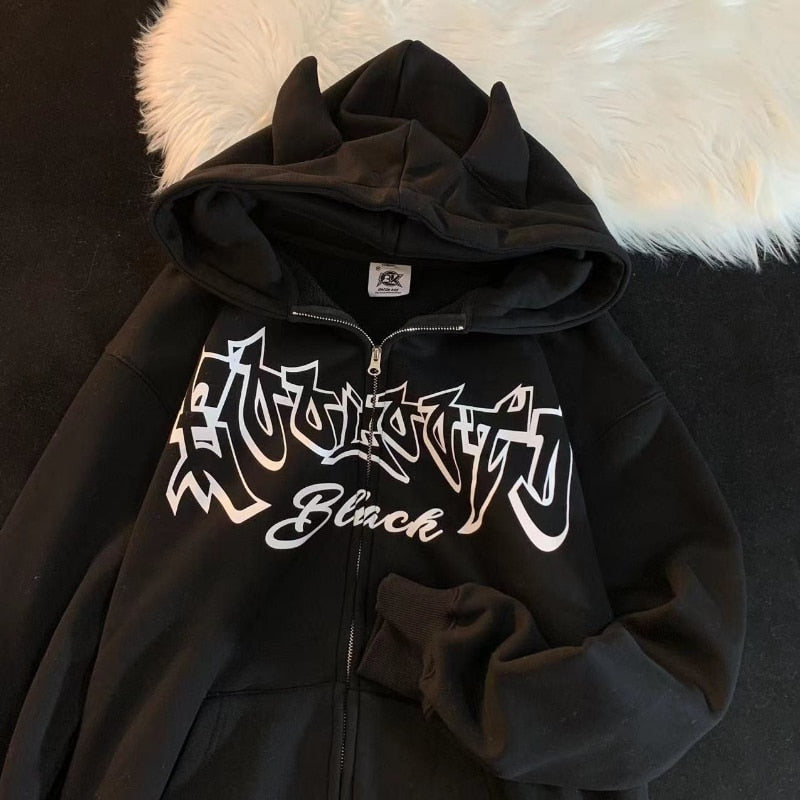 Retro Devil Wings Letter Printing Zipper Hoodie