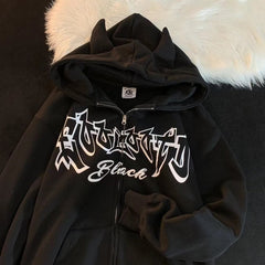 Retro Devil Wings Letter Printing Zipper Hoodie