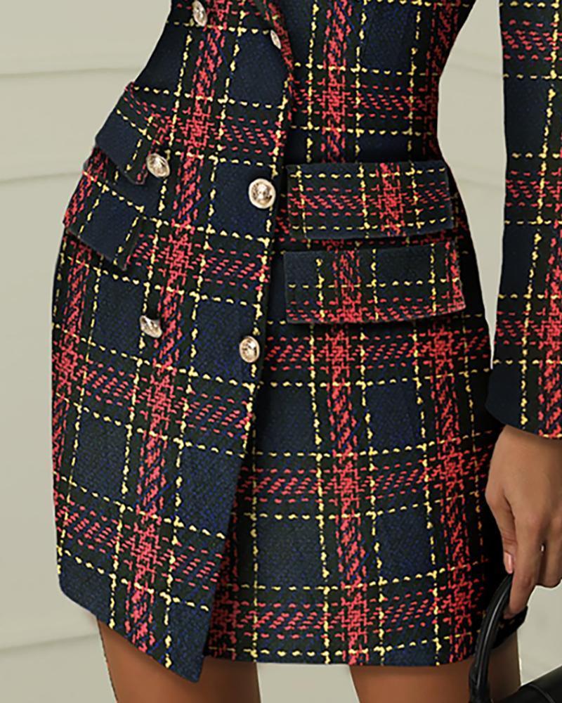 Striped Grid Double Breasted Blazer Dress
