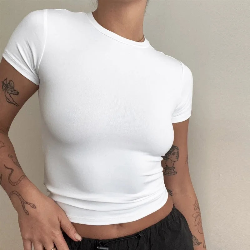 Summer Short Sleeve Simple Stretch Slim Pullovers WomenCrop Top T-shirt