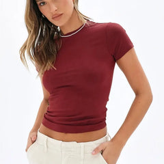 Summer Short Sleeve Simple Stretch Slim Pullovers WomenCrop Top T-shirt