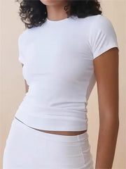 Summer Short Sleeve Simple Stretch Slim Pullovers WomenCrop Top T-shirt