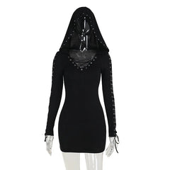 New Dark Retro Punk Street Hooded High Waist Mini Gothic Vintage Pentagram Strap Long Sleeve Dress