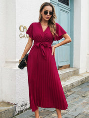 Butterfly Sleeve Pleated High Waist Vintage Dress