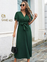Butterfly Sleeve Pleated High Waist Vintage Dress