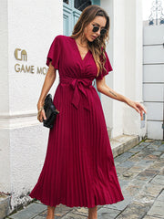 Butterfly Sleeve Pleated High Waist Vintage Dress