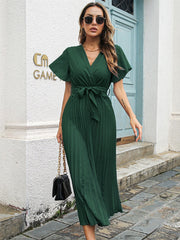 Butterfly Sleeve Pleated High Waist Vintage Dress