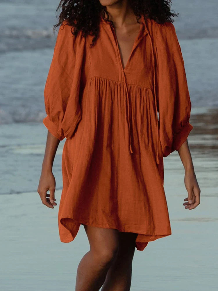 Summer Casual Pleated V Neck Lace Up Lantern Sleeve Boho Dress