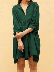 Summer Casual Pleated V Neck Lace Up Lantern Sleeve Boho Dress
