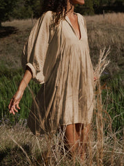 Summer Casual Pleated V Neck Lace Up Lantern Sleeve Boho Dress