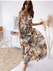 Chiffon Floral Print V-neck Sleeveless Beach Party Dress