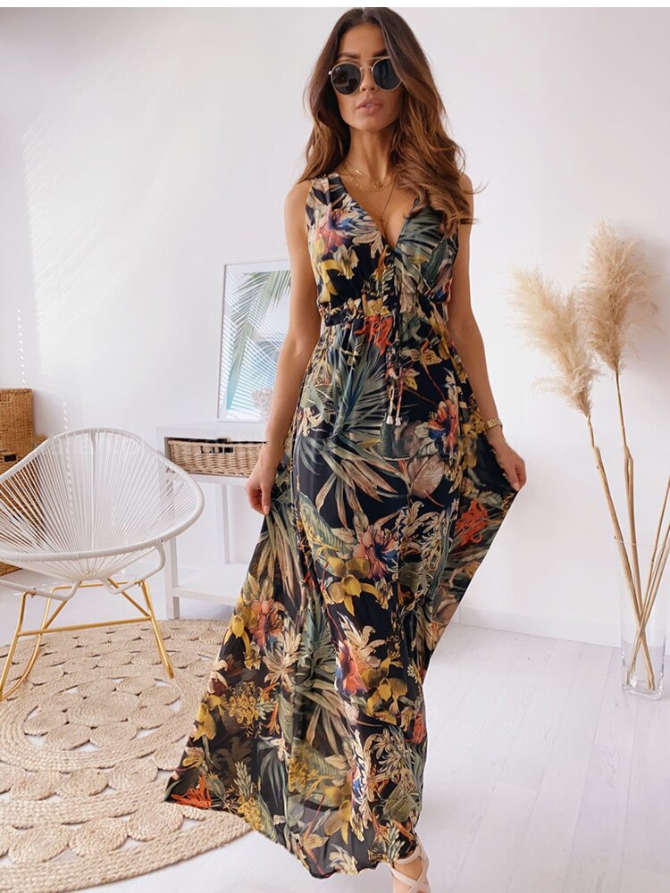 Chiffon Floral Print V-neck Sleeveless Beach Party Dress