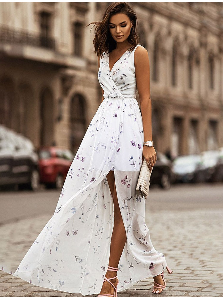 Chiffon Print Boho V-neck Sleeveless Holiday Party Dress