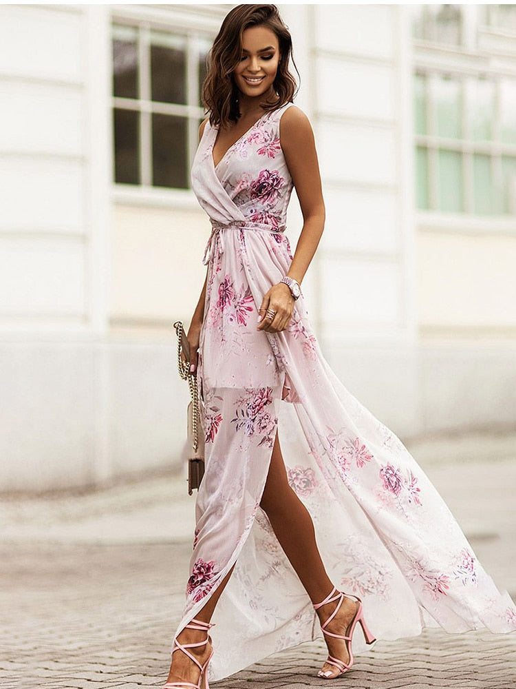 Chiffon Print Boho V-neck Sleeveless Holiday Party Dress
