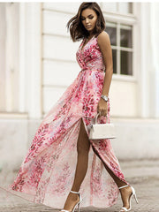 Chiffon Print Boho V-neck Sleeveless Holiday Party Dress