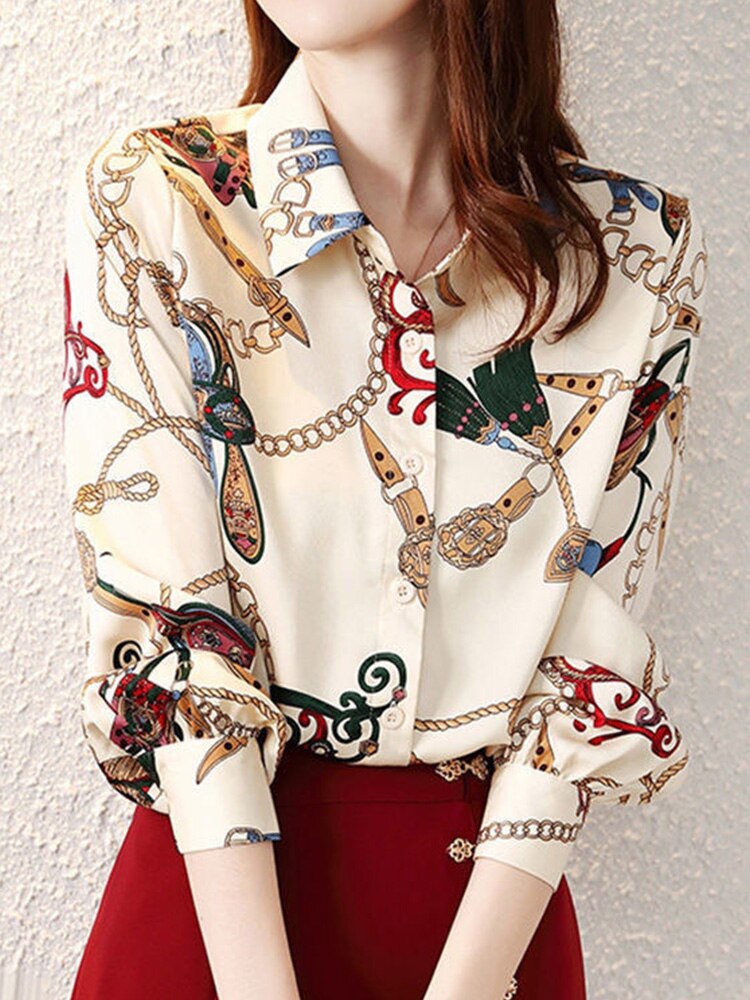 Chiffon Turn-down Collar Long Sleeve Vintage Shirt