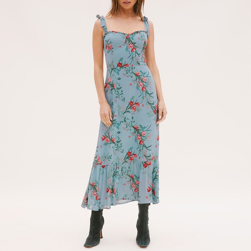 Print Beach Dress Sweetheart Neck Strap Elegant Vintage Chiffon Midi Dress