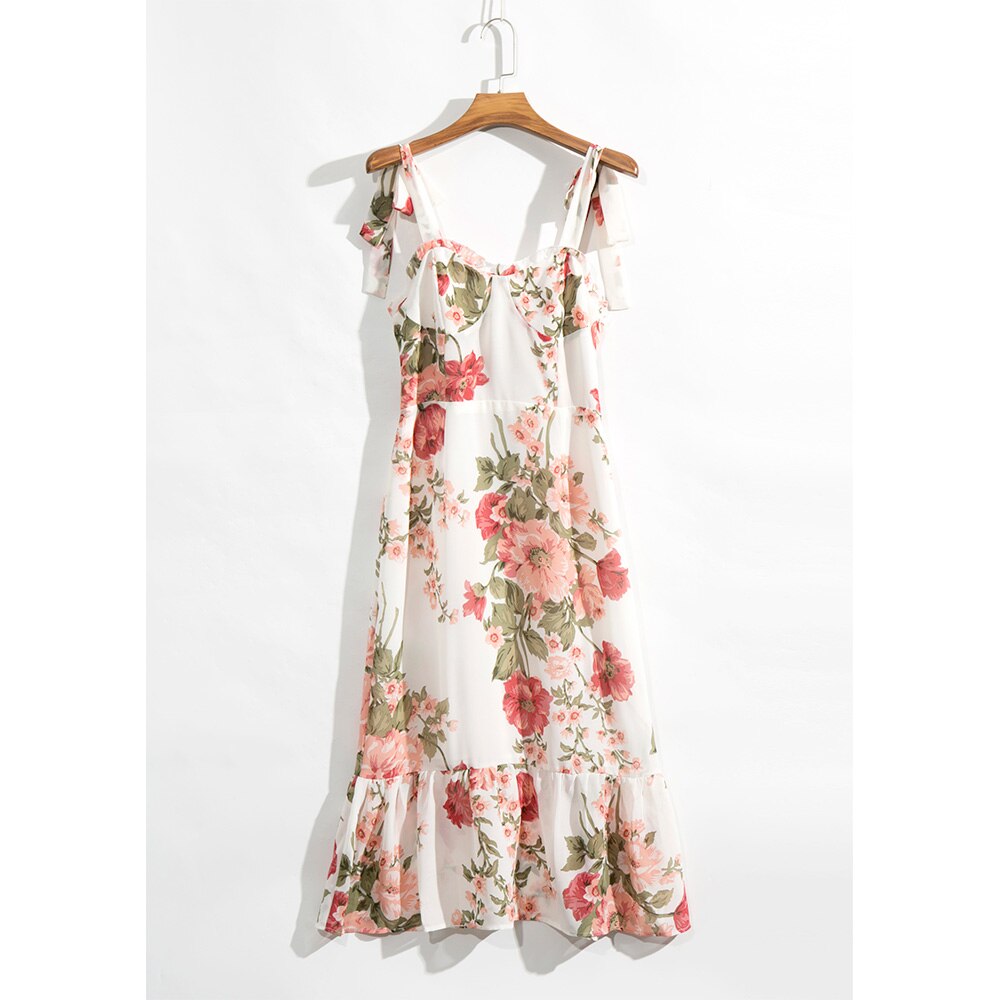 Print Beach Dress Sweetheart Neck Strap Elegant Vintage Chiffon Midi Dress