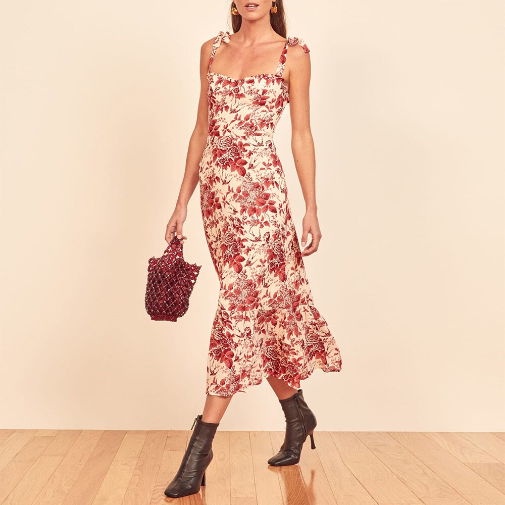 Print Beach Dress Sweetheart Neck Strap Elegant Vintage Chiffon Midi Dress