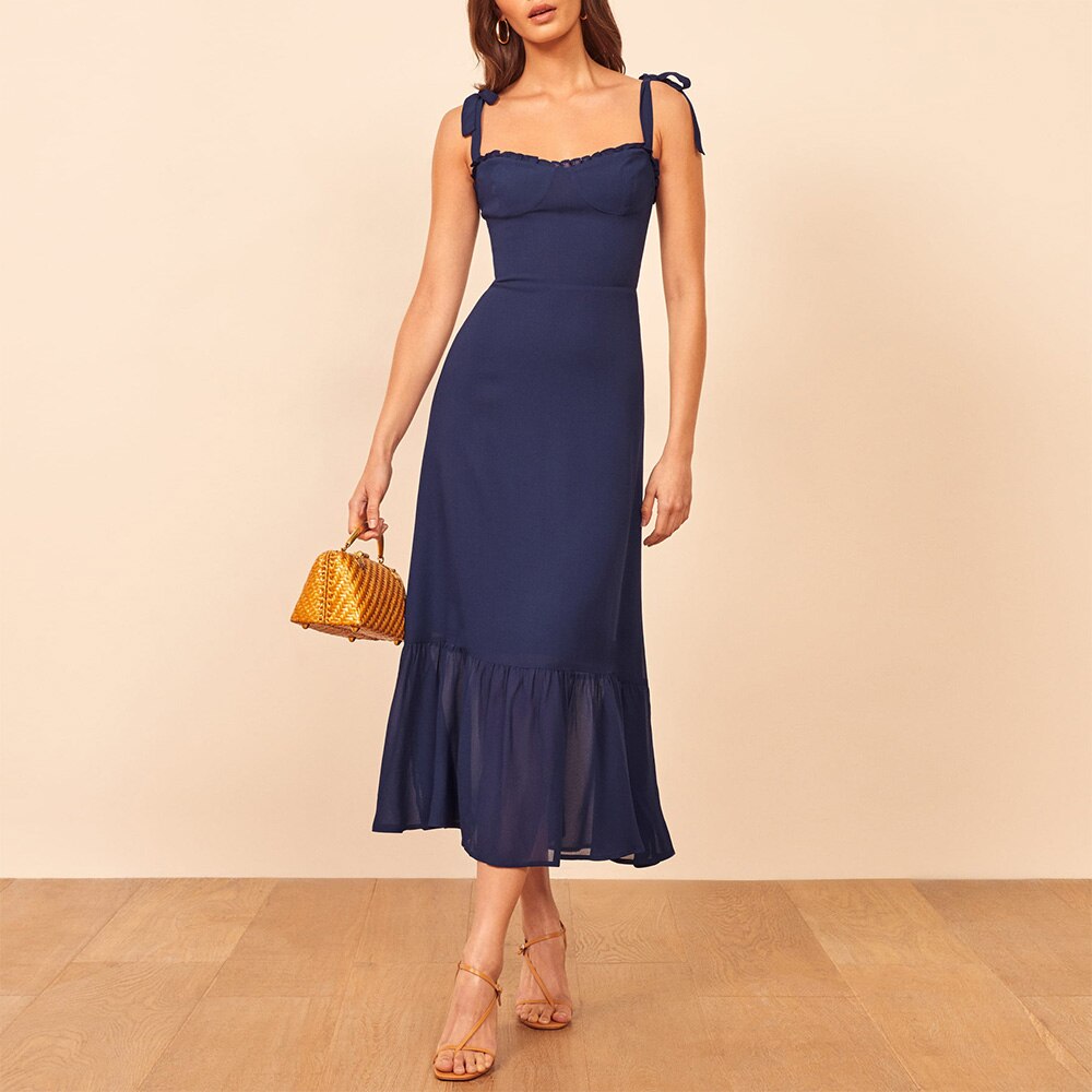 Print Beach Dress Sweetheart Neck Strap Elegant Vintage Chiffon Midi Dress