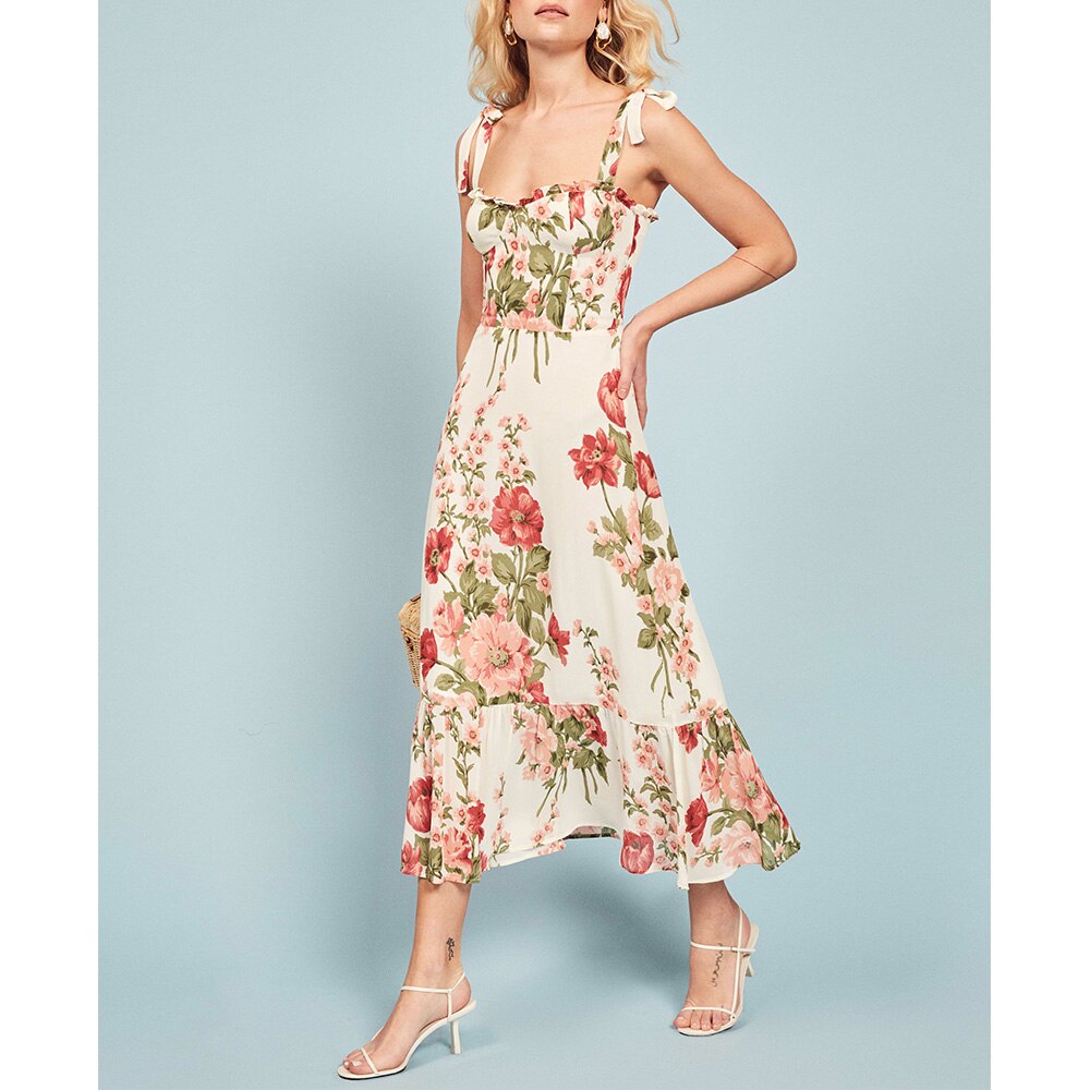 Print Beach Dress Sweetheart Neck Strap Elegant Vintage Chiffon Midi Dress