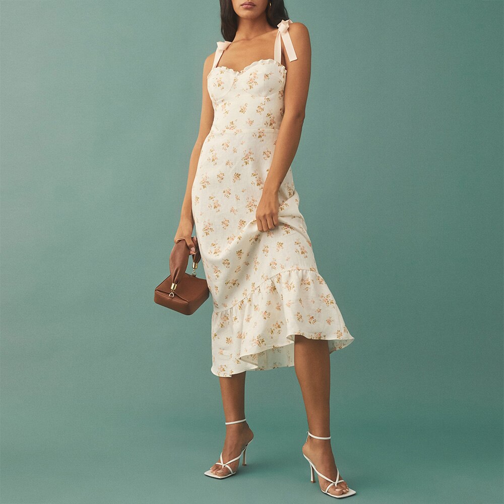 Print Beach Dress Sweetheart Neck Strap Elegant Vintage Chiffon Midi Dress