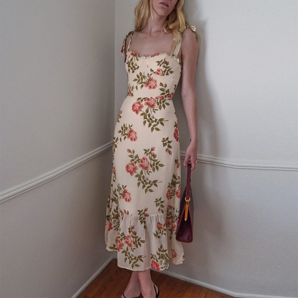 Print Beach Dress Sweetheart Neck Strap Elegant Vintage Chiffon Midi Dress
