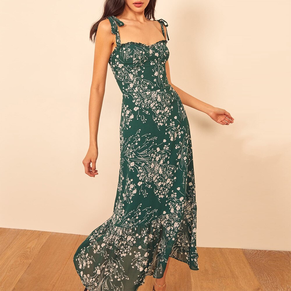Print Beach Dress Sweetheart Neck Strap Elegant Vintage Chiffon Midi Dress