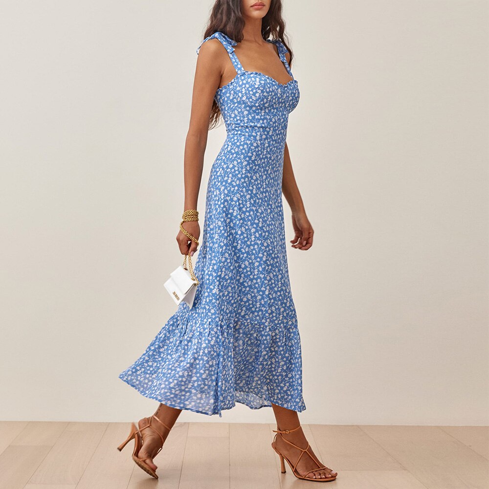 Print Beach Dress Sweetheart Neck Strap Elegant Vintage Chiffon Midi Dress