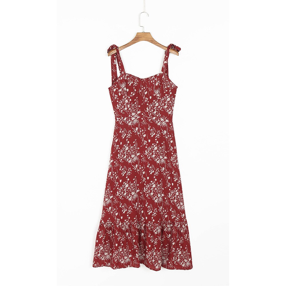 Print Beach Dress Sweetheart Neck Strap Elegant Vintage Chiffon Midi Dress