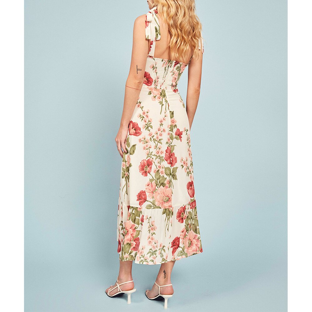 Print Beach Dress Sweetheart Neck Strap Elegant Vintage Chiffon Midi Dress