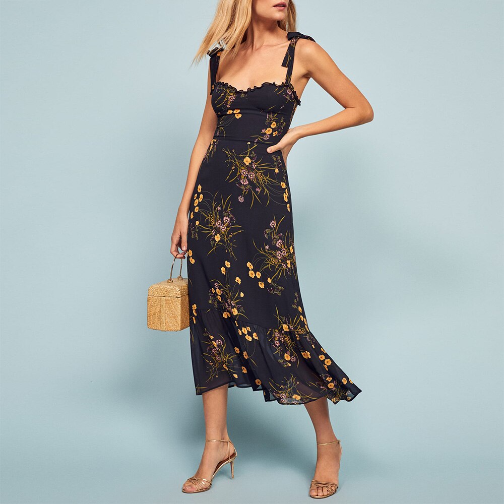 Print Beach Dress Sweetheart Neck Strap Elegant Vintage Chiffon Midi Dress