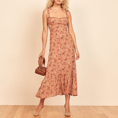 Print Beach Dress Sweetheart Neck Strap Elegant Vintage Chiffon Midi Dress