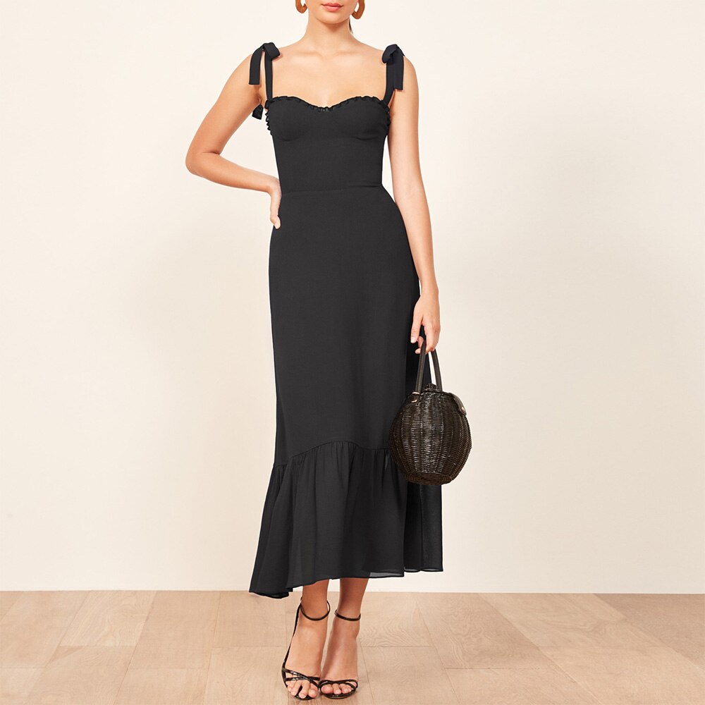 Print Beach Dress Sweetheart Neck Strap Elegant Vintage Chiffon Midi Dress
