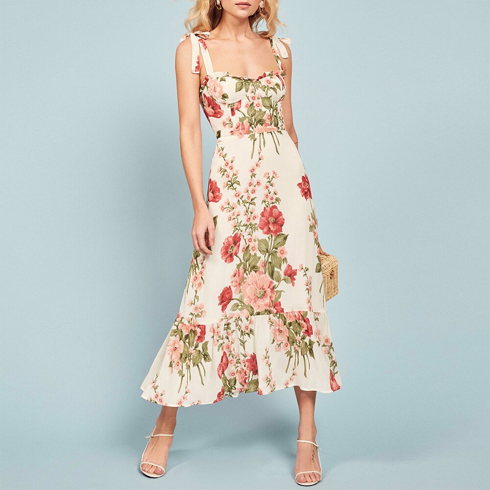 Print Beach Dress Sweetheart Neck Strap Elegant Vintage Chiffon Midi Dress