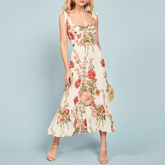 Print Beach Dress Sweetheart Neck Strap Elegant Vintage Chiffon Midi Dress