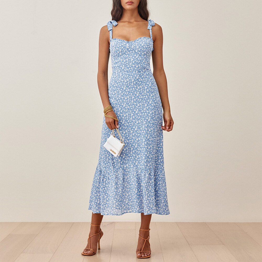 Print Beach Dress Sweetheart Neck Strap Elegant Vintage Chiffon Midi Dress