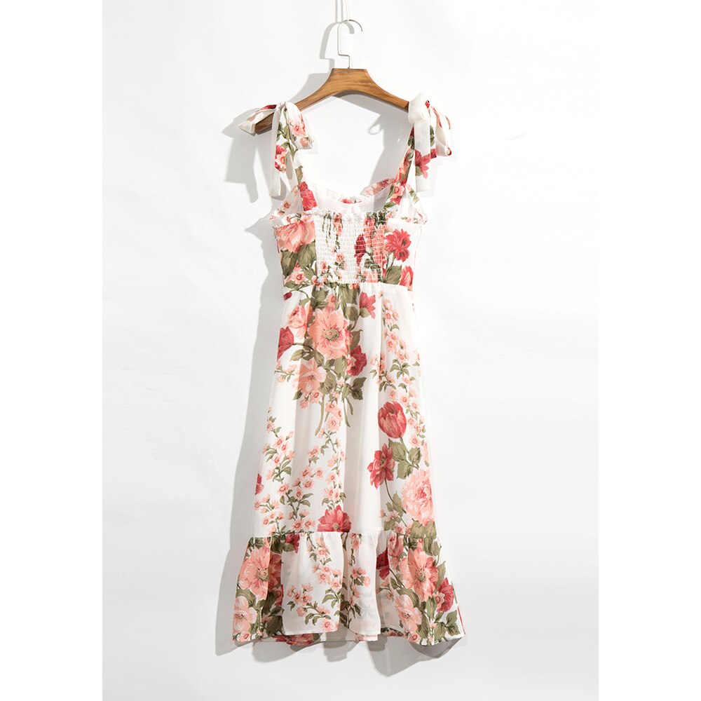 Print Beach Dress Sweetheart Neck Strap Elegant Vintage Chiffon Midi Dress