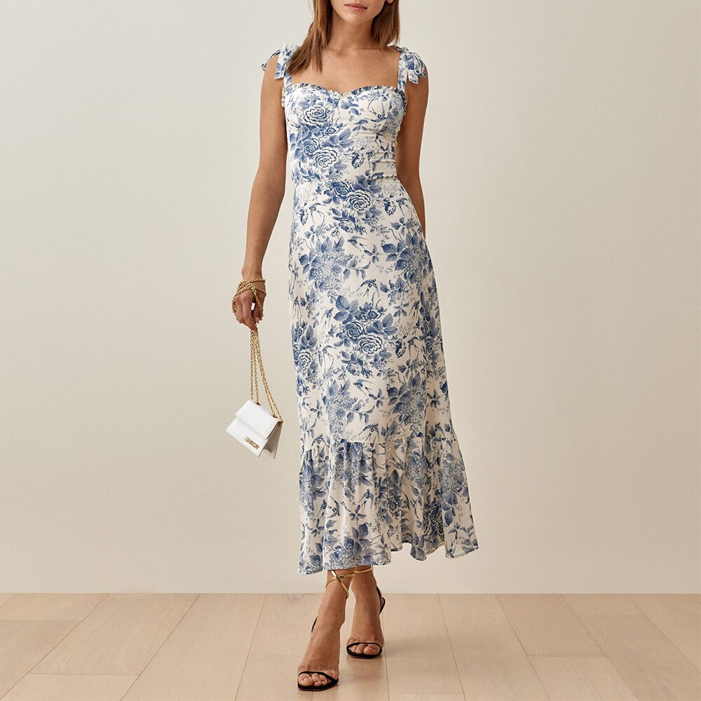 Print Beach Dress Sweetheart Neck Strap Elegant Vintage Chiffon Midi Dress