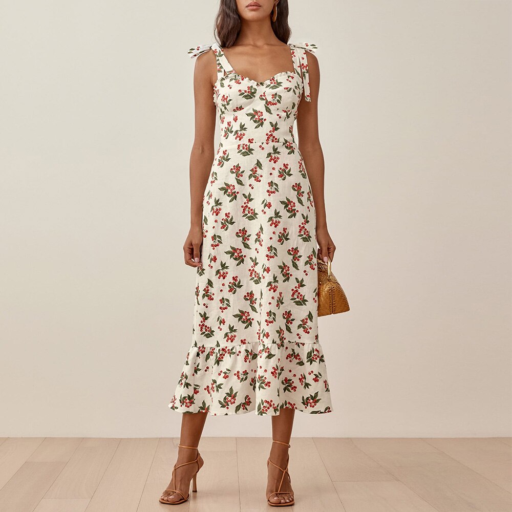 Print Beach Dress Sweetheart Neck Strap Elegant Vintage Chiffon Midi Dress