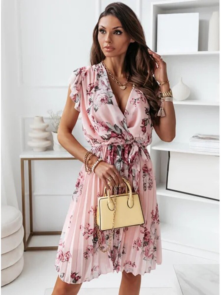 Chiffon Sleeveless Ruffles Floral Print Beach Dress