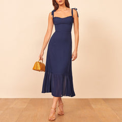 Elegant Ruffle Hem Floral Chiffon Midi Dress Neck Strap Tie Sexy Slip Dress