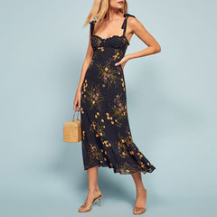 Elegant Ruffle Hem Floral Chiffon Midi Dress Neck Strap Tie Sexy Slip Dress