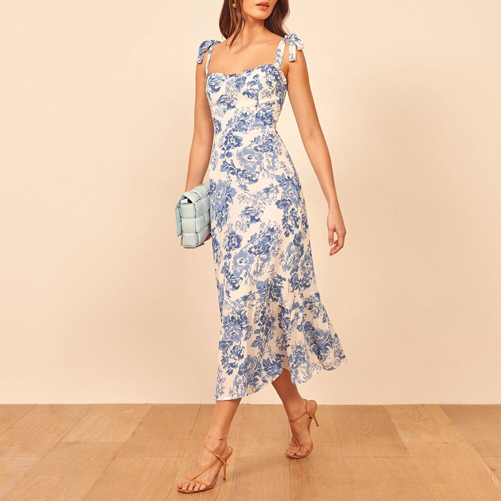 Elegant Ruffle Hem Floral Chiffon Midi Dress Neck Strap Tie Sexy Slip Dress