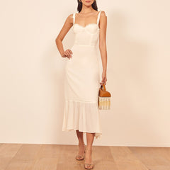 Elegant Ruffle Hem Floral Chiffon Midi Dress Neck Strap Tie Sexy Slip Dress