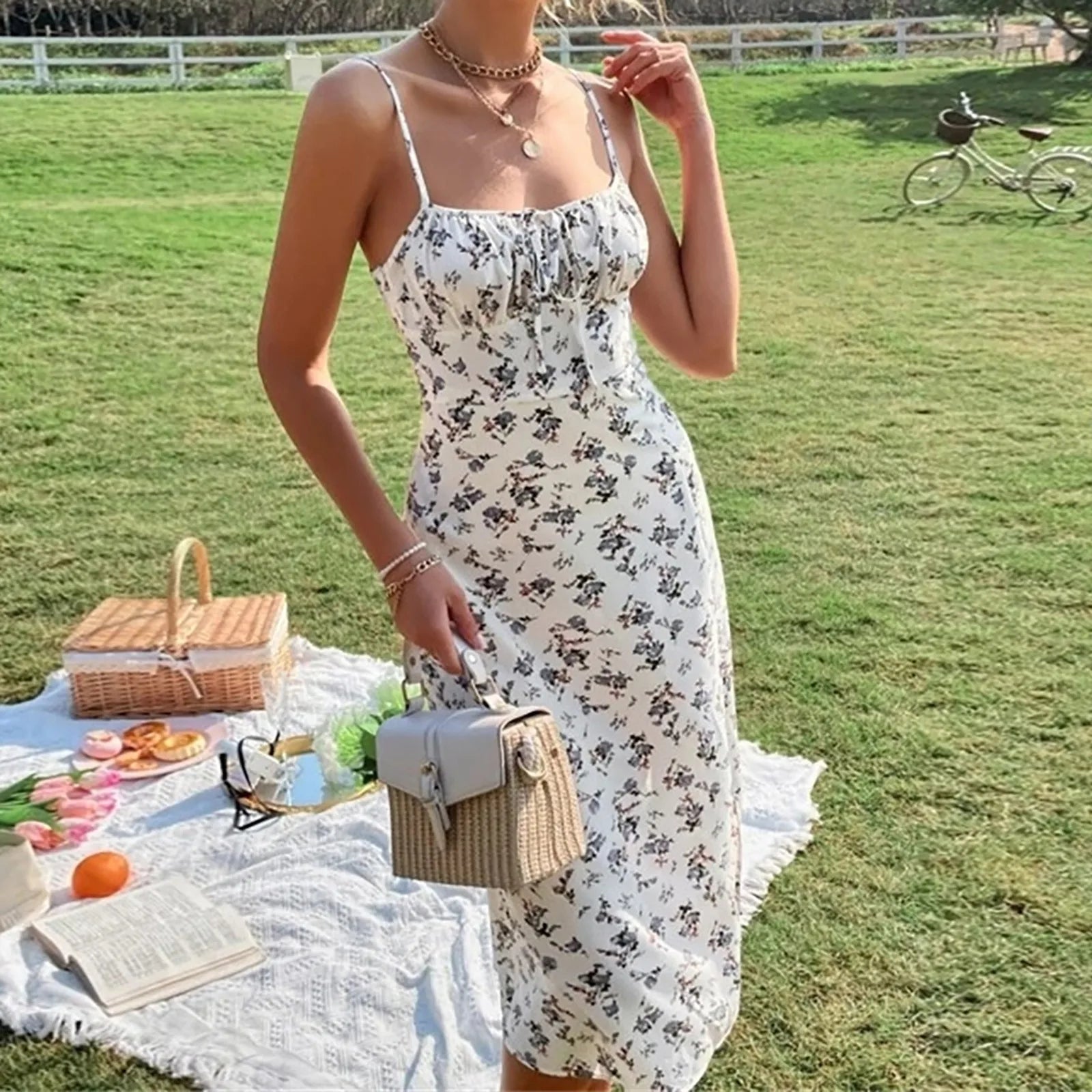 Summer Floral Print Spaghetti Strap Boho Slit Midcalf WomenBoho Dress